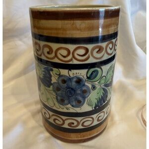 Hand-Painted Mexican Ceramic Vase with Floral Motif - Blue, Green & Brown